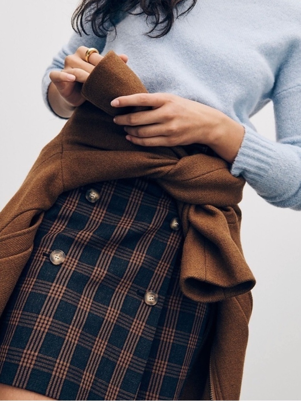 Madewell Double-Breasted Plaid Mini Skirt in Navy and Brown